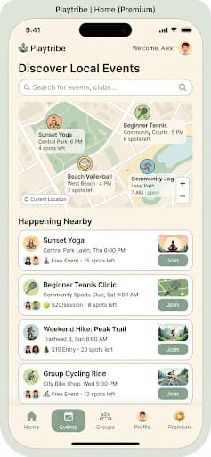 Playtribe app showing nearby sports on a map and a list of local events