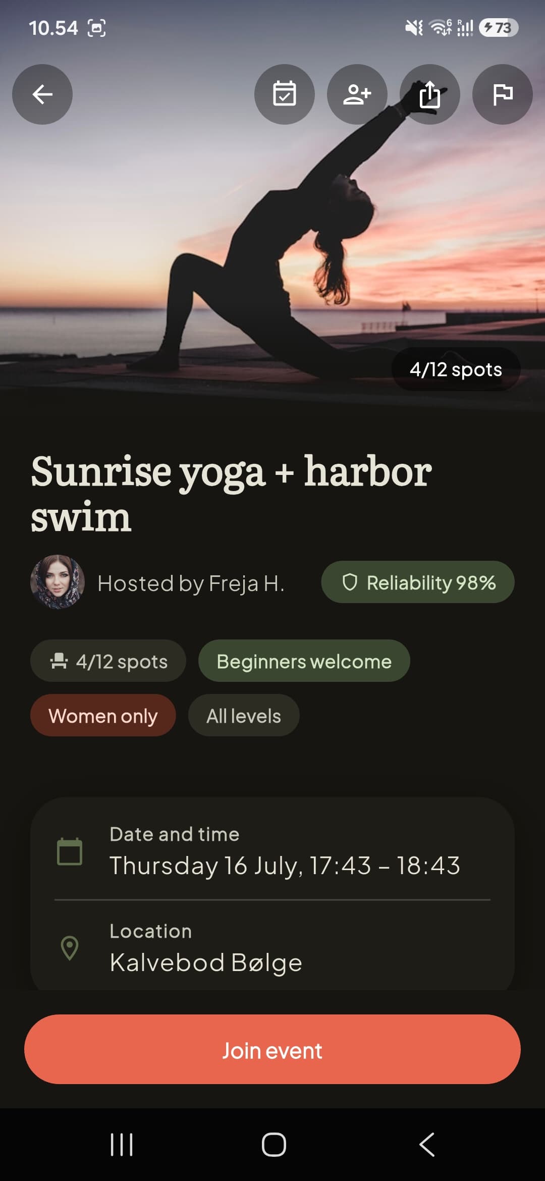Playtribe event page with date, location and group chat