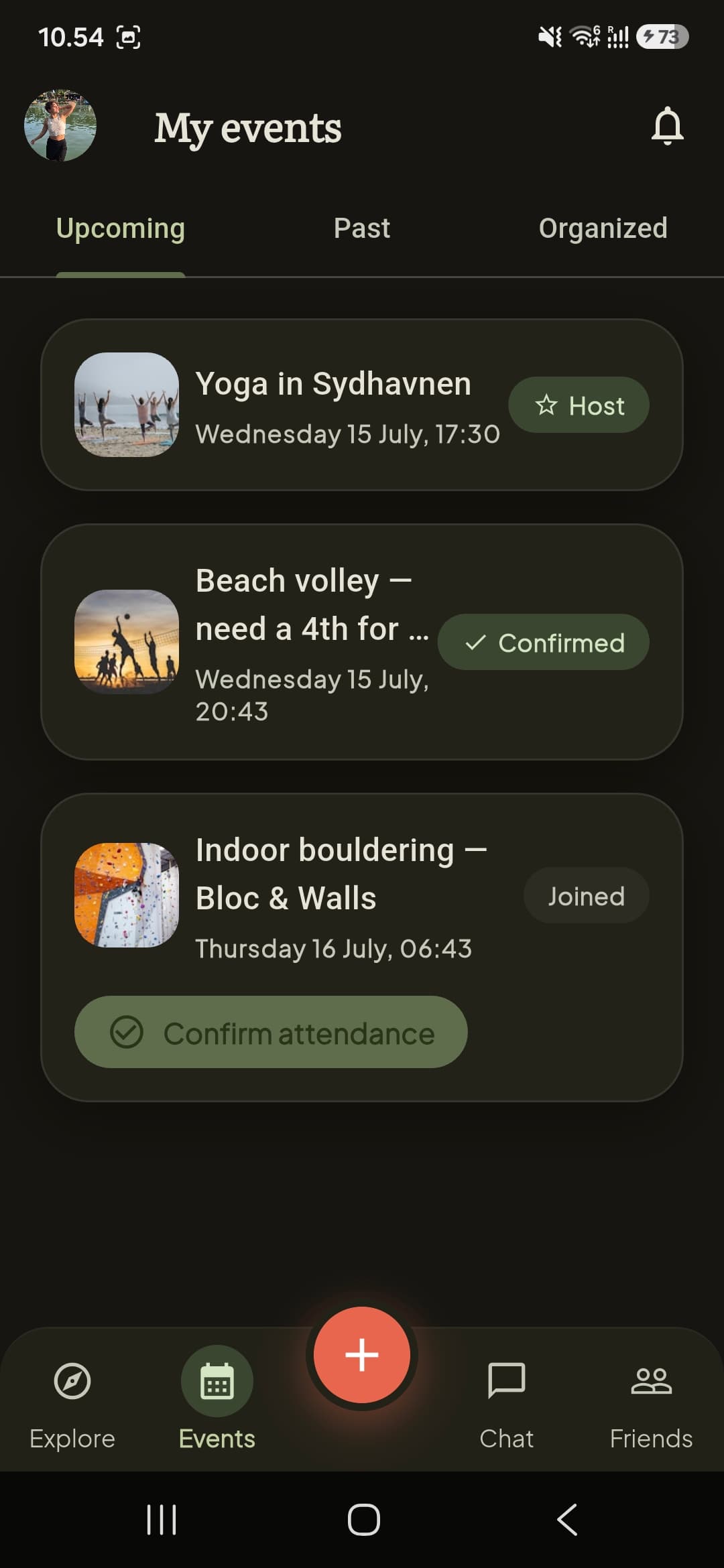 Playtribe app showing a list of local sports events