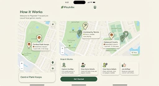 Playtribe map view showing nearby games
